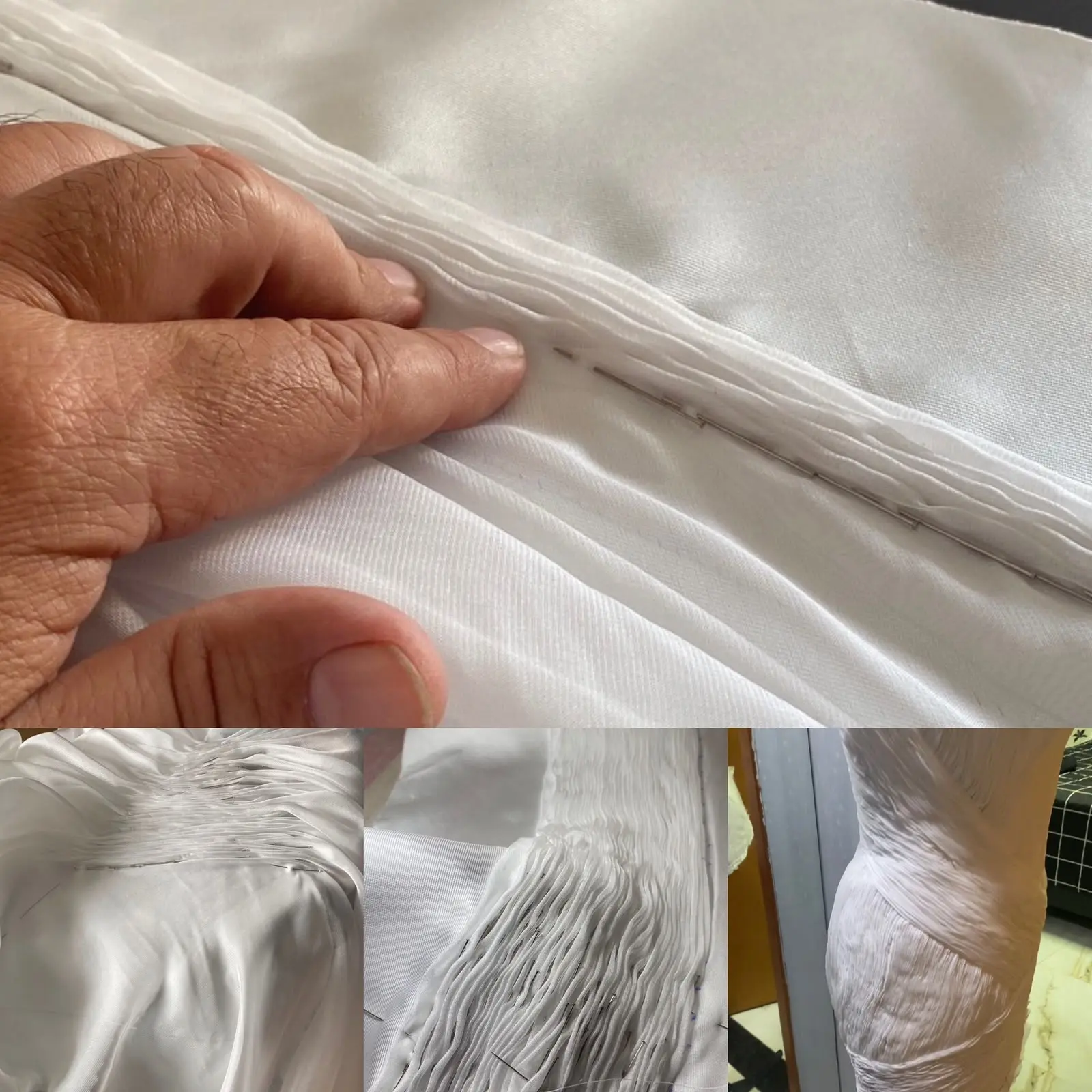 Detalhes de costura e drapeados do tecido de um vestido de noiva